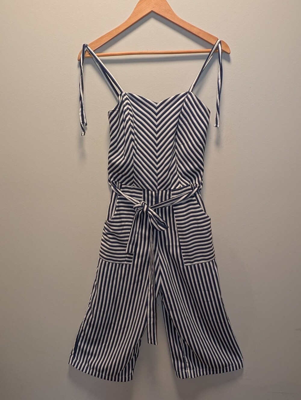 Monteau Navy White Striped Wide Leg Jumpsuit XS